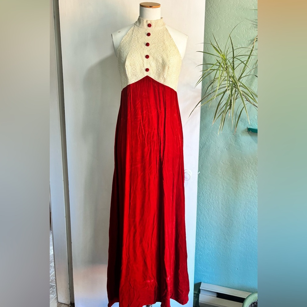 Vintage 60s Red Velvet & Lace Halter Maxi Dress
